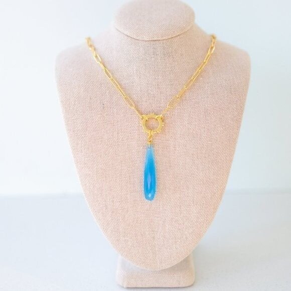 Gold Chain Pendant Necklace Gemstone Pendant Blue Chalcedony BEAUTIFUL Necklace - Picture 6 of 12
